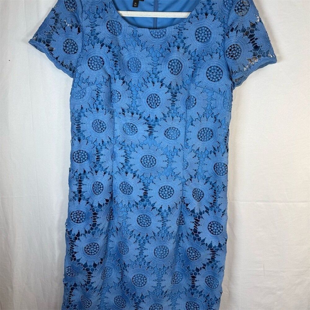 Talbots Dress Womens Petites 8P Blue Floral Lace Sheath Knee Short Sleeve